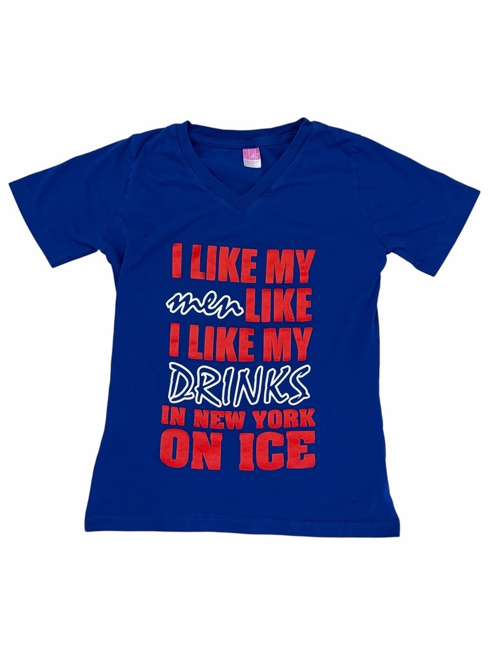LAT Womens S Hockey Graphic T Shirt New York Short Sleeve V-Neck Blue Red